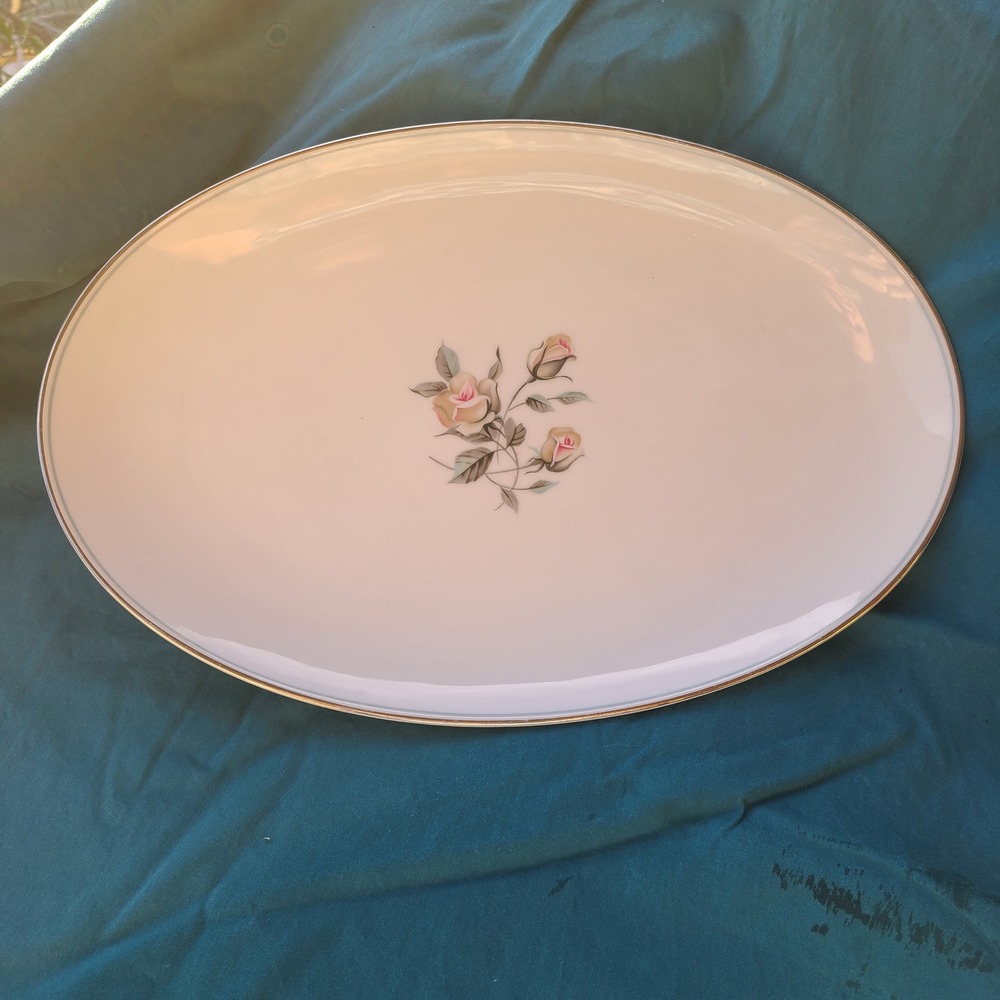 Noritake Margot 5605 Oval Platter 14" Vintage MCM Platinum White Rose Discontinu